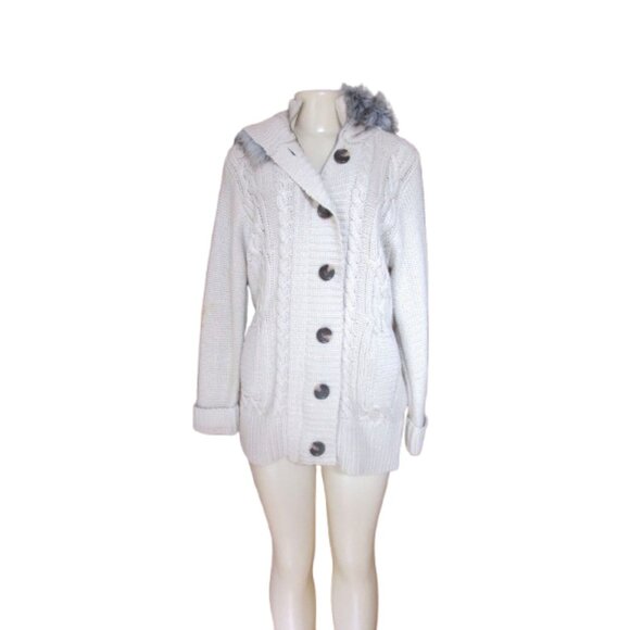 Y2K Michelle Nicole Beige Chunky Knit Full Zip Button Faux Fur Hooded Cardigan M - Picture 2 of 8